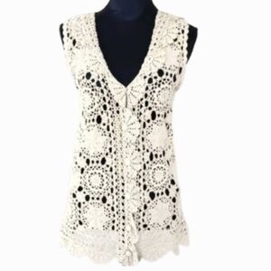 VTG Crochet Lace Ecru Beige Cream COLOUR EIGHTEEN Long Tunic Vest Mini Dress (M)
